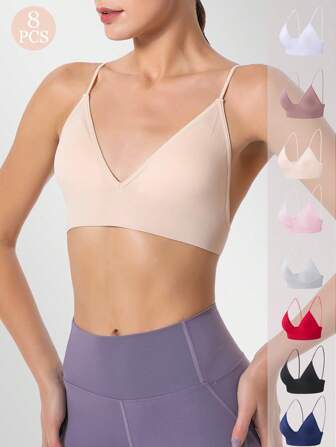 Set de 8 piezas de brasieres sexys de copa triangular profunda con tirantes finos sin costuras y gran elasticidad para mujeres