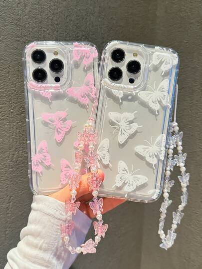 Iphone 16 Fairycore Minimalist Butterfly Shockproof Phone Case With Butterfly Lanyard Strap, Fashion Phone Accessory Compatible With IPhone 11 12 13 14 15 Pro Max/13 Promax, XR, XS, And Samsung A54 5G, A52, A14, A15, A12, S22, S21 Series