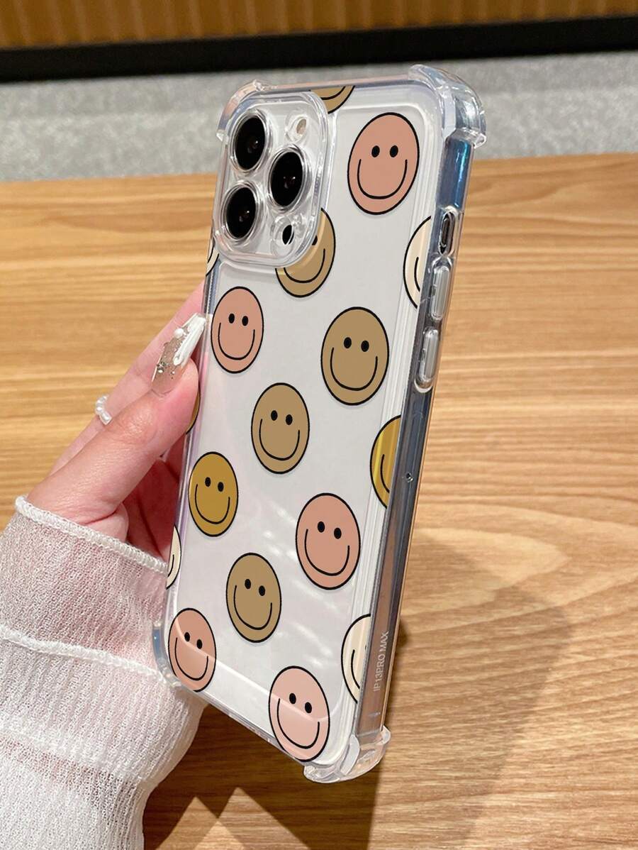 1pc Fashionable Transparent Thickened Four-Corner Anti-Drop Phone Case With Smiling Face Print, Compatible With Apple & Compatible With Samsung Devices.,International Version, Not The Domestic Version - Multicolor - View 1