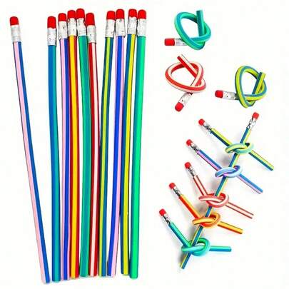 10入組柔軟筆，隨機顏色，柔軟新奇鉛筆。多色條紋柔軟鉛筆帶橡皮，適用於情人節。學生禮物校園趣味裝備，可作為學校獎品、教師課堂用品