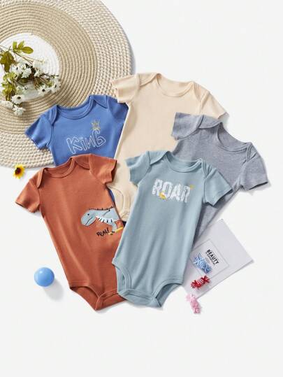 OIPOIG 5pcs Baby Boy Summer Casual Comfortable Sports Cute Fashion 100% Cotton Simple Letter Dinosaur Embroidered Short Sleeve Bodysuit Set