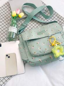 Túi đeo vai in hoa đa năng màu trơn, Túi đeo chéo du lịch cỡ lớn bằng nylon hình vuông dành cho nữ có mặt dây chuyền, Túi đựng tiền xu di động kiểu đại học nhẹ mới, Túi mua sắm đi lại hàng ngày thông thường dành cho cổ áo trắng và học sinh - màu xanh lá - Xem 5