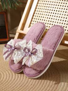 Spring/Autumn/Winter Women's Bowknot Plush Slippers, Silent & Lightweight Indoor Floor Slip-On Shoe For Postpartum Recovery - Purple - View 3