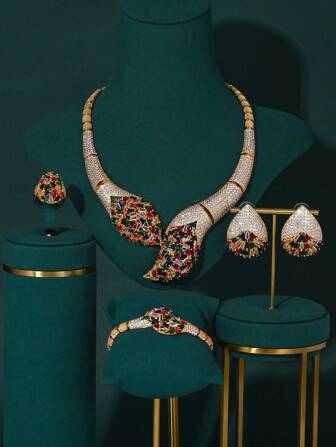 4 piezas Juego de joyas de diseño con circonita colorida y brillante, collar, aretes, anillo, pulsera, accesorios para boda y fiesta nupcial