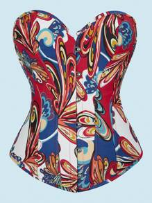 1pc Fashionable Lace Up Corset Tube Top With Court-Style Painted Print, For Body Shaping - Blue - View 6