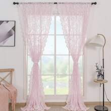 2pcs LOTTIE Floral Pattern Pink Lace Sheer Curtains, Rod Pocket, Light Filtering, Elegant, No Ironing Needed, Machine Washable, Suitable For Living Room, Study, Dining Room, Kitchen, Wardrobe Decoration - Pink - View 4