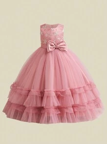 少女花繡網紗裙配蝴蝶結裝飾，適合鋼琴音樂會、主持和其他演出 - 粉色 - 查看 1