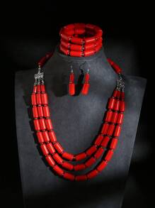 1pc Fashion Handmade Multi-Layered Retro Beaded Necklace With Matching Bracelet And Earrings For Women - 3-piece Set - View 13