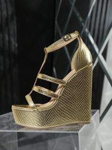 2024 Classic Roman Style Open Toe Wedge Heel Metallic Snakeskin Comfortable 14cm High Heel Sandals In Gold - Gold - View 4