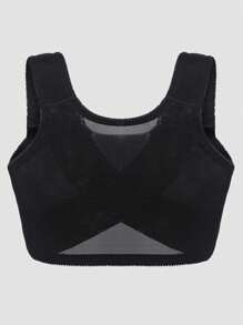 Plus Size Elegant Bra, Women's Plus Floral Embroidered Close Front Wireless Full Coverage Cross Back Bra - Black - View 3