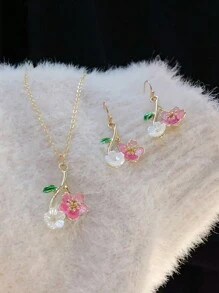 1入粉色花卉繪畫吊墜耳環和項鍊套裝，淡雅清新，適合春夏日常穿著，完美適合女士 - 彩色 - 查看 6