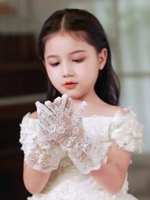 1 双女童蕾丝手套 - 白色弹力蕾丝手套，适用于婚礼、选美、花童、舞蹈表演和生日公主拍照道具（幼儿至青少年） - 白色 - 查看 8