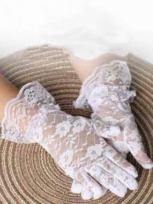 1 双女童蕾丝手套 - 白色弹力蕾丝手套，适用于婚礼、选美、花童、舞蹈表演和生日公主拍照道具（幼儿至青少年） - 白色 - 查看 6