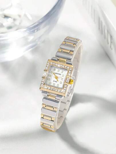 1pc Ladies' Stainless Steel Two-Tone Watch Band Classic Fashionable Quartz Watch With Diamond-Shaped Stone, Delicate And Compact As A Gift For Students Returning To School