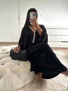1pc Women's Black Loose-Fit Muslim Dress With Diamond Studded Cuffs Suitable For Festivals And Parties - Abaya - View 10