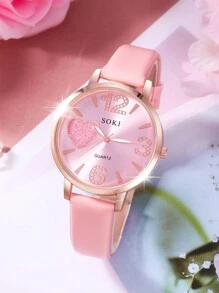 SOKI SOKI 5Pcs Ladies Watch Fashion Classic Casual Quartz Watch Clock Starry Sky Pink Women's Watch And Elegant And Luxurious Pink Cubic Zirconia Inlaid Butterfly Heart Design Jewelry Set Suitable For Daily Wear, Back-To-School Season, Graduation Season, Thanksgiving, Couples, The Best Gifts Watch Box Not Included