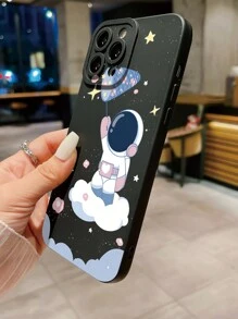 1pc Cute Astronaut Cloud Catching Star Anti-Fingerprint Frosted Matte Eye-Shaped Phone Case Compatible With Apple/Samsung/Xiaomi/Redmi/VIVO/Infinix/OPPO/Reno - Black - View 3