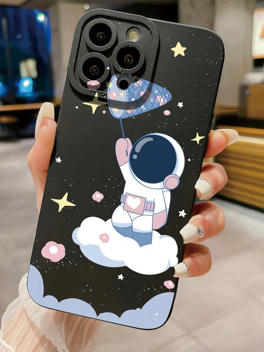 1pc Cute Astronaut Cloud Catching Star Anti-Fingerprint Frosted Matte Eye-Shaped Phone Case Compatible With Apple/Samsung/Xiaomi/Redmi/VIVO/Infinix/OPPO/Reno - Black - View 1