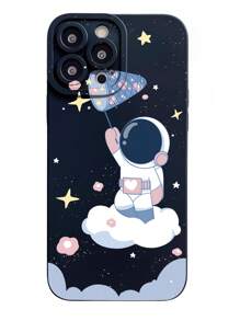 1pc Cute Astronaut Cloud Catching Star Anti-Fingerprint Frosted Matte Eye-Shaped Phone Case Compatible With Apple/Samsung/Xiaomi/Redmi/VIVO/Infinix/OPPO/Reno - Black - View 4