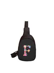 1 件迷你男孩和女孩尼龙拉链时尚胸包，字母印花休闲包适合日常使用 - 黑色 - 查看 34