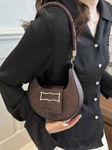 Túi đeo vai màu trơn nhẹ họa tiết cá sấu hình lưỡi liềm thời trang cổ điển có khóa mở bằng kim loại, thích hợp sử dụng hàng ngày cho phụ nữ, Túi đeo vai hình lưỡi liềm Tready dành cho phụ nữ, Túi xách lấy cảm hứng từ phong cách cổ điển dành cho phụ nữ - Cà phê nâu - Xem 3