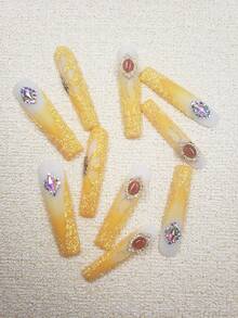 10pcs Y2K Extra Long 3D Handemade Press On Nails French Style Bright Yellow Hot Girl's Long Ballet Nails With Sparkling Diamonds And Sparkling Powder Square Long Nail , 1pc Nail File And 1pc Nail Glue, Suitable For Girls And Women Festival Parties And Daily Wear Holiday Gifts