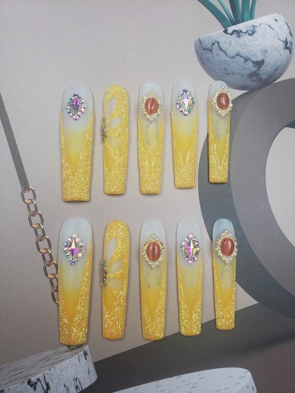 10pcs Y2K Extra Long 3D Handemade Press On Nails French Style Bright Yellow Hot Girl's Long Ballet Nails With Sparkling Diamonds And Sparkling Powder Square Long Nail , 1pc Nail File And 1pc Nail Glue, Suitable For Girls And Women Festival Parties And Daily Wear Holiday Gifts