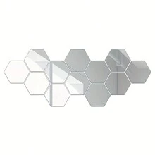 12pcs Hexagon Acrylic Mirror Wall Sticker, Self-Adhesive Plastic Geometric Decorative Mirror Sticker For Home Decor - Silver - View 4