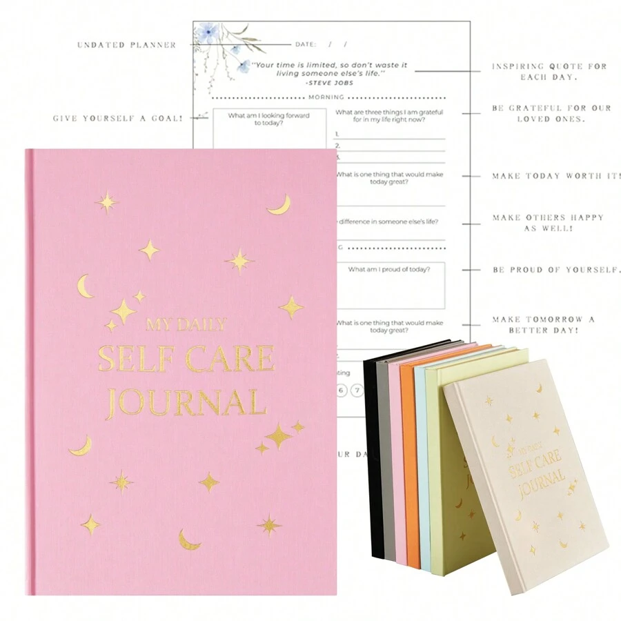 1PC Star Nhật ký chăm sóc bản thân hàng ngày của tôi Sổ tay giấy da cao cấp Giấy dán tem nóng Ngắt trang Thư sang trọng Cạnh vàng sang trọng Undate Planner Trang bên trong Tự quản lý /Tự phản ánh/Biết ơn Năm phút - màu đen - Xem 1