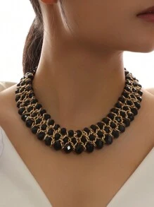 1pc Fashionable Triple Row Braided Crystal Bead Women's Necklace