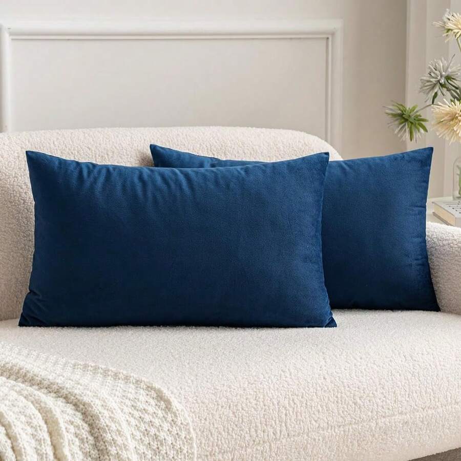 1入嬰兒用天鵝絨柔軟實色裝飾性方形抱枕套套件，適用於春季沙發臥室座椅車，12x20英吋 (30x50公分) - 藏蓝色 - 查看 1
