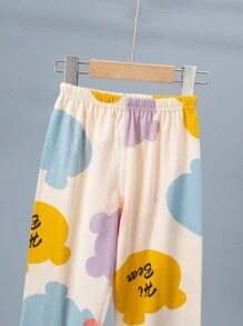 女童卡通印花睡衣套装，无骨缝制，无缝设计，七分袖七分裤，夏季款式 - 米色 - 查看 7