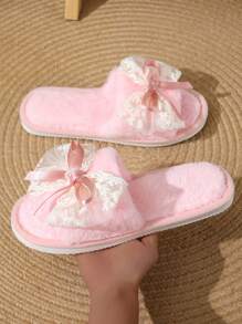 Spring/Autumn/Winter Women's Bowknot Fluffy Slippers, Silent & Lightweight Indoor House Slippers With Plush Design, Suitable For Postpartum Recovery