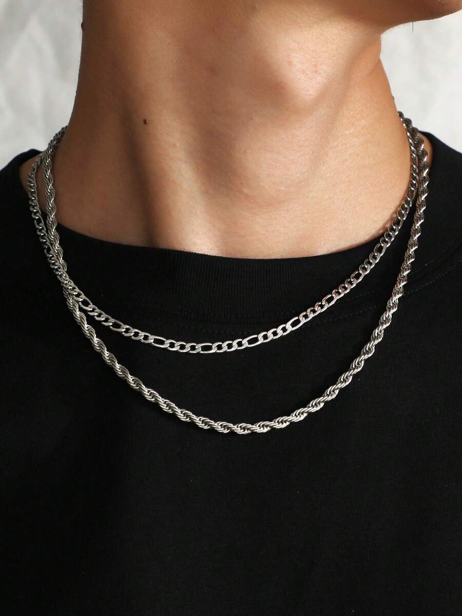 2st rostfritt stål dubbelskiktad ormbenkedjehalsbandsset, trendigt och vintage unisex-låshalsband, högkvalitativ kantkedja för män och kvinnor, retrotvinnad repkedja med insylering, cool låskedja för män och kvinnor - Silver - Visa 1