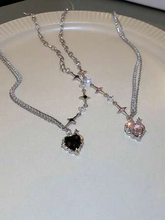 2入組甜美與帥氣女孩鋯石鑲嵌之心形和星形吊墜項鍊,時尚且具創意鎖骨鏈