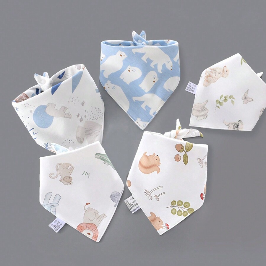 5pcs Animal And Line Pattern Baby Drool Bibs, Double Layered Infant