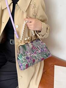 这款时尚的中国风晚宴手拿包采用撞色花卉印花设计，搭配简约的仿珍珠链条肩带、精致刺绣和可调节肩带，可斜挎或单肩背。适合婚礼、音乐节和正式场合。这款精致的花卉包尽显女性魅力。 - 彩色 - 查看 4