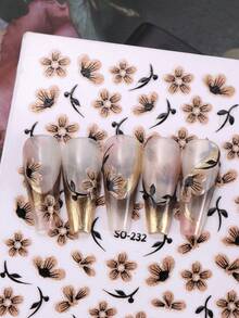 2入組簡約花朵指甲貼紙，棕色花卉藤蔓全息膜貼紙指甲藝術圖案DIY自黏式滑片美甲裝飾女士指甲用品 - 彩色 - 查看 4