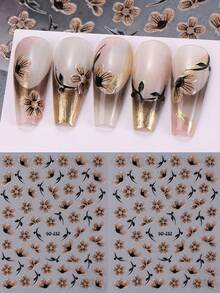 2入組簡約花朵指甲貼紙，棕色花卉藤蔓全息膜貼紙指甲藝術圖案DIY自黏式滑片美甲裝飾女士指甲用品 - 彩色 - 查看 3