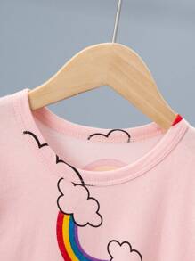 Young Girl Rainbow Cloud Printed Nightgown, Summer Sleepwear Dress - Pink - View 5