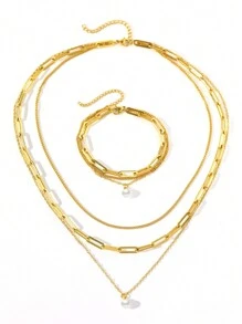 Aomogo 2件套时尚优雅百搭不锈钢多层珍珠心形手链+项链，适合女性随时佩戴 - 項鍊+手鍊 - 查看 11