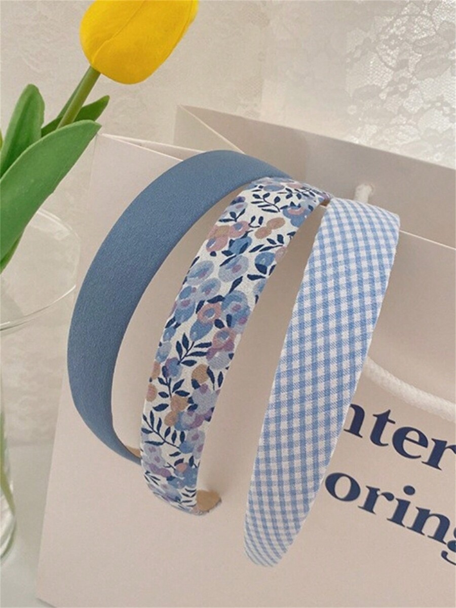 5pcs Women's Spring Pink Floral Plaid Pearl Combination Headband, Wide