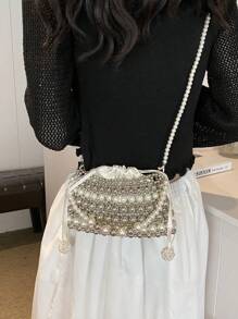 金属银色和米色珍珠串珠蝴蝶结装饰珍珠包，亚克力多功能手提包，敞口，夏季时尚复古法式度假迷你手工编织镂空串珠包，手提包，手机包，女士斜挎包 - 彩色 - 查看 3