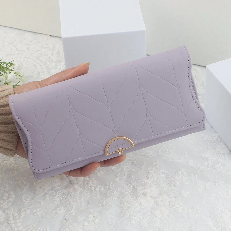 Dompet Wanita Lipat Tiga Warna Polos dengan Gesper, Tas Clutch Multifungsi Kapasitas Besar untuk Wanita, Dompet Panjang, Dompet Pergelangan Tangan