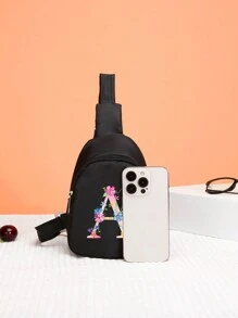 1 件迷你男孩和女孩尼龙拉链时尚胸包，字母印花休闲包适合日常使用 - 黑色 - 查看 5