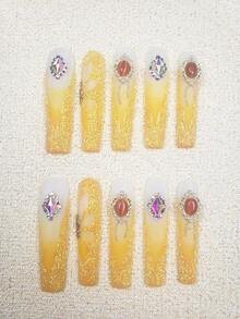 10pcs Y2K Extra Long 3D Handemade Press On Nails French Style Bright Yellow Hot Girl's Long Ballet Nails With Sparkling Diamonds And Sparkling Powder Square Long Nail , 1pc Nail File And 1pc Nail Glue, Suitable For Girls And Women Festival Parties And Daily Wear Holiday Gifts