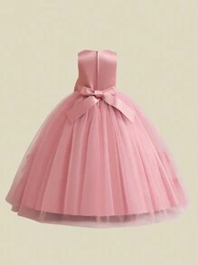 少女花繡網紗裙配蝴蝶結裝飾，適合鋼琴音樂會、主持和其他演出 - 粉色 - 查看 2