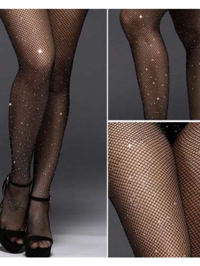 Meia Calça Feminina Arrastão Com Strass Brilho Trama Aberta