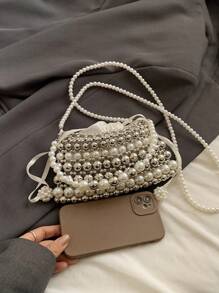 金属银色和米色珍珠串珠蝴蝶结装饰珍珠包，亚克力多功能手提包，敞口，夏季时尚复古法式度假迷你手工编织镂空串珠包，手提包，手机包，女士斜挎包 - 彩色 - 查看 5