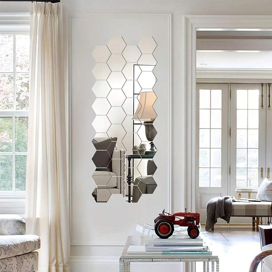 12pcs Hexagon Acrylic Mirror Wall Sticker, Self-Adhesive Plastic Geometric Decorative Mirror Sticker For Home Decor - Silver - View 1